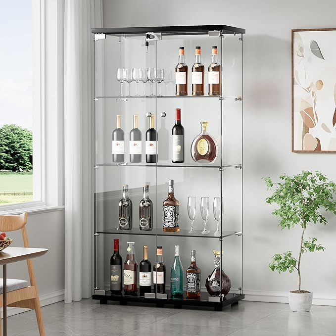 Yoluckea 4 Shelves Glass Display Cabinet with 2 Doors, Curio Collection Glass Display Case for Home Office, Floor Standing Bookshelf Corner Cabinet for Book, Toys, Glory (Black) by Yoluckea