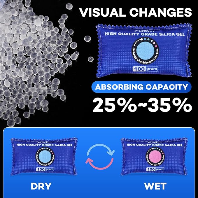 100g [ 24 Packs] Rechargeable Desiccant Packs for Storage, Color Indicating Silica Gel Desiccant Packets, Moisture absorbers for Storage,Dehumidifier bag for Closets,Cars,Storage Bins - Image 3