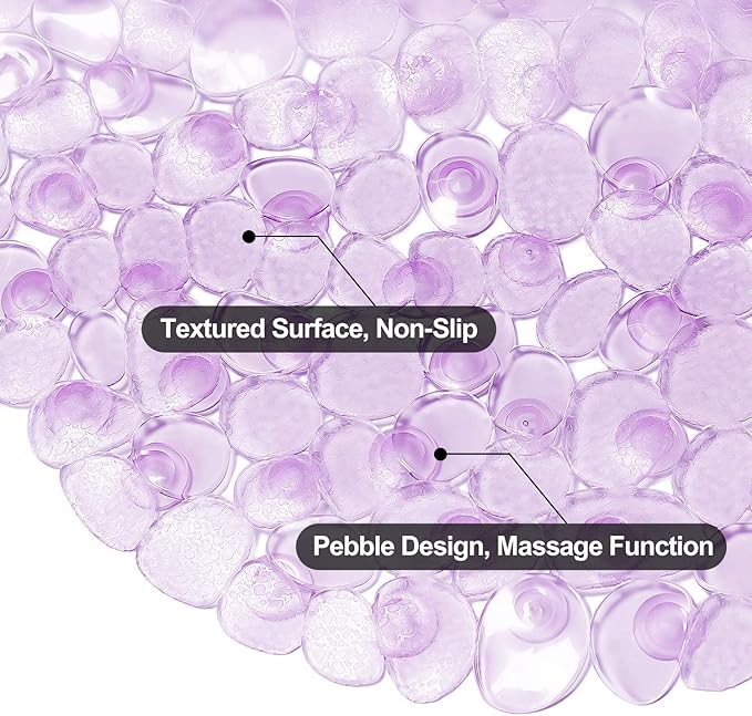 WELTRXE Pebbles Bath Mat Oval Non-Slip Bathtub Mat with Suction Cups, Drain Holes for Bathroom Showers, Tub, Machine Washable, BPA, Latex Free Safe Shower Mats, 27 x 14 Inch, Purple - Image 3