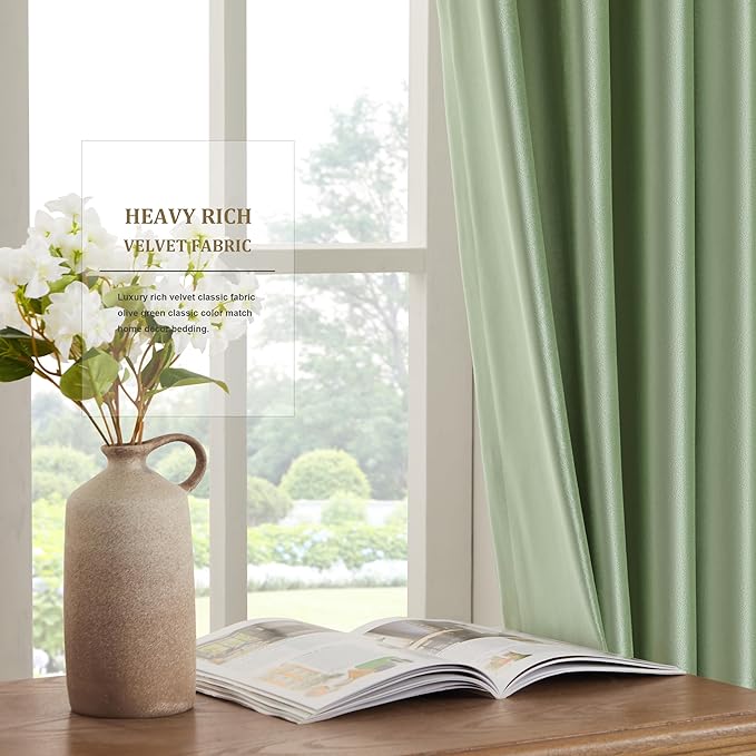 BULBUL Sage Green Velvet Curtains 84 inches Luxury Elegant Living Room Curtain Modern Light Filtering Thermal Insulated Soundproof Privacy Room Darkening Drapes for Classical Bedroom Set of 2 - Image 4