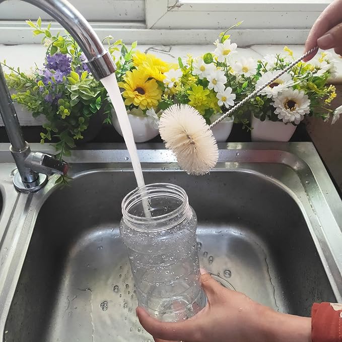NewFerU Stainless Steel Soda Bottle Cleaning Brush in Natural Boar Bristle Wool Tip, Long Handle, Flexible Bendable Thick Wire Cleaner for Narrow Neck Water Baby Bottles Straw Pipe Tube Flask (Round) - Image 5