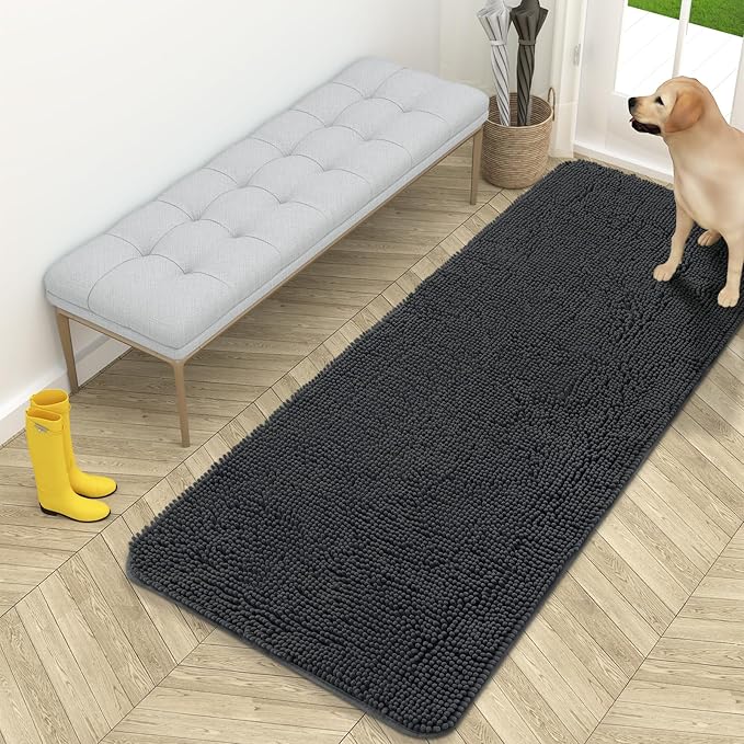 OLANLY Dog Door Mat for Muddy Paws 59x24, Absorbs Moisture and Dirt, Absorbent Non-Slip Washable Doormat, Quick Dry Chenille Mud Mat for Dogs, Entry Indoor Entryway Carpet for Inside Floor, Dark Grey by OLANLY