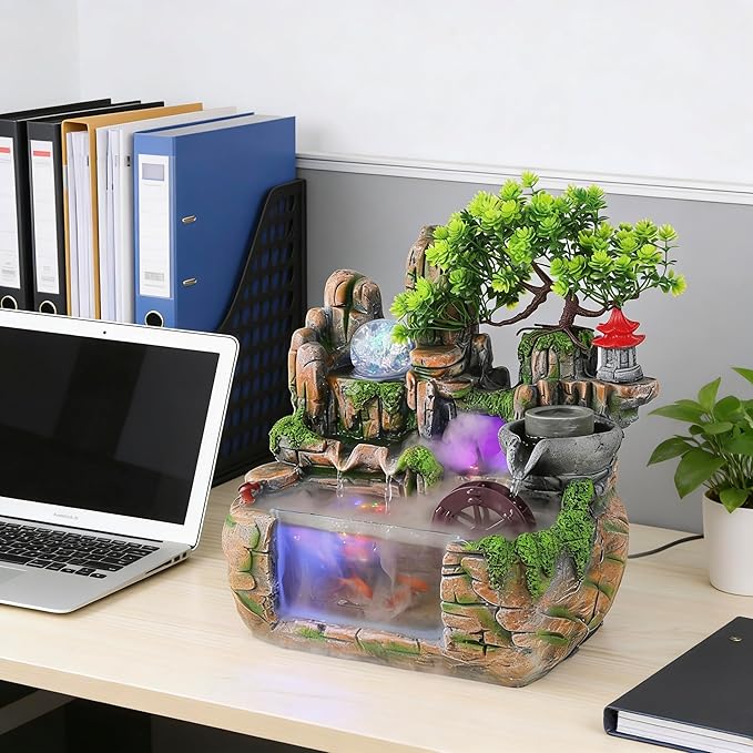 11.81" Creative Desktop Fountain Waterfall Bonsai w/LED Lights & Atomizer Tabletop Decor, Small Fish Tank Rockery Humidifier, Mini Rock Plant Artificial Bonsai Fountain Rockery for Office Home Decor - Image 4
