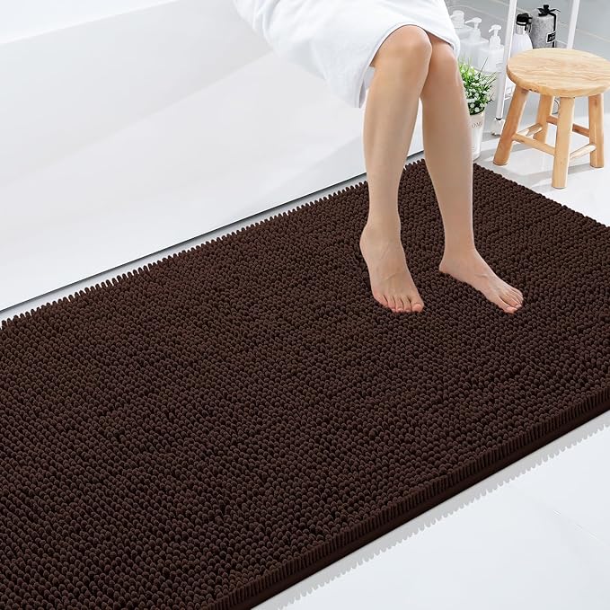 Smiry Luxury Chenille Bathroom Rugs 59x35, Extra Soft and Absorbent Shaggy Bath Mat, Machine Washable, Non-Slip Plush Carpet Runner for Tub, Shower, and Floor, Home Decor Accessories, Brown by Smiry