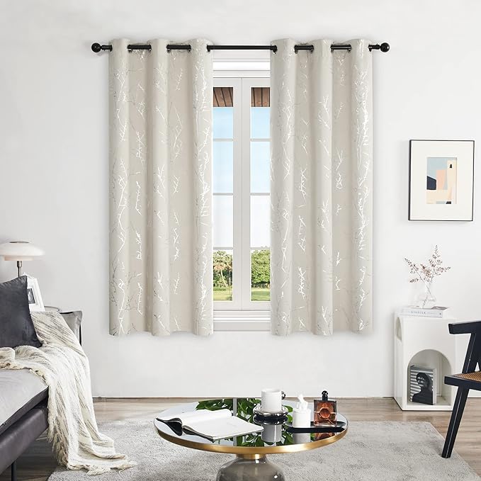 Deconovo Short Kitchen Curtains, Room Darkening Curtain Beige, Thermal Insulated Soundproof Drapes, Silver Branch Print, 42 x 54 Inch, Machine Washable Window Panels for Living Room Office, Set of 2 - Image 2