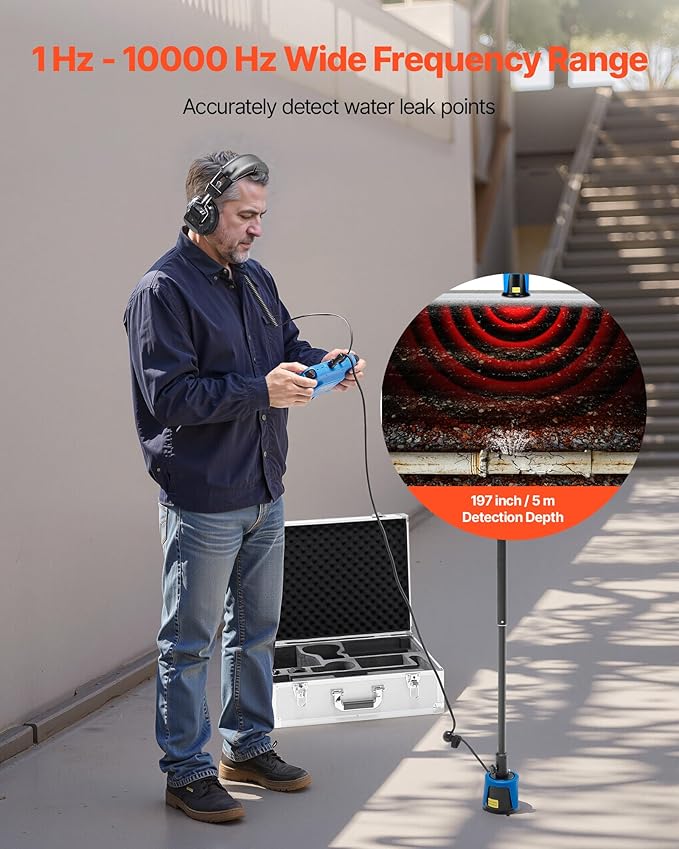 VEVOR Pipe Water Leak Detector for Outdoors, 1Hz-10000Hz, 7" Touchscreen Water Leakage Detection Locator for 16.4FT (5m) Underground Plumbing - with Medium Sensor, 3 Listening Rods, Headphone & Case - Image 2