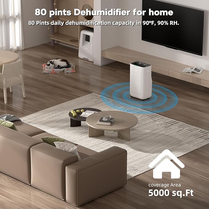 2025Upgraded 5000 Sq.Ft 80 Pint Dehumidifier for Basements with Large 6.5L Water Tank,24H Timer,Child Lock,Defrost,Silent,mold,4 Modes Operation Auto Shut-off - Image 9