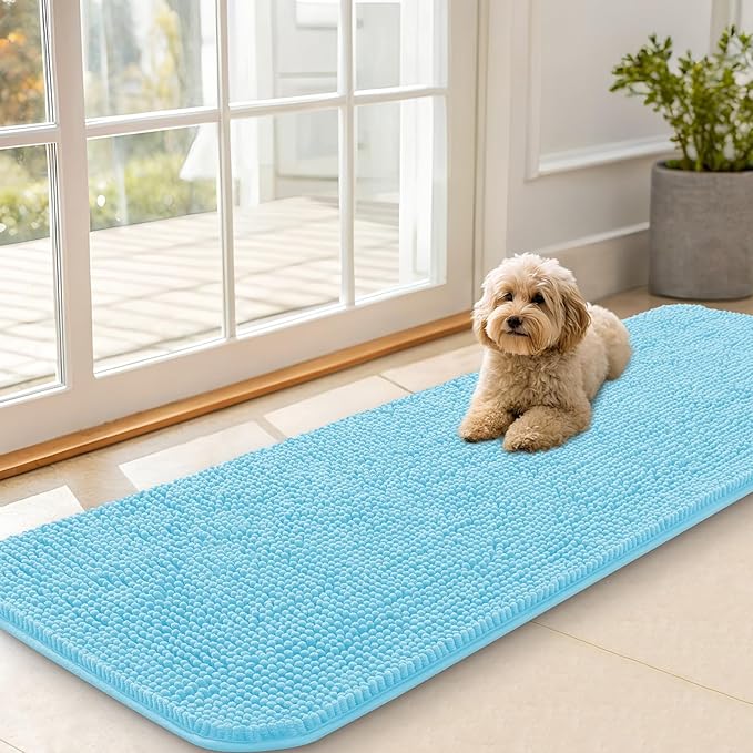 OLANLY Dog Door Mat for Muddy Paws 59x20, Absorbs Moisture and Dirt, Absorbent Non-Slip Washable Doormat, Quick Dry Chenille Mud Mat for Dogs, Entry Indoor Entryway Carpet for Inside Floor, Blue by OLANLY