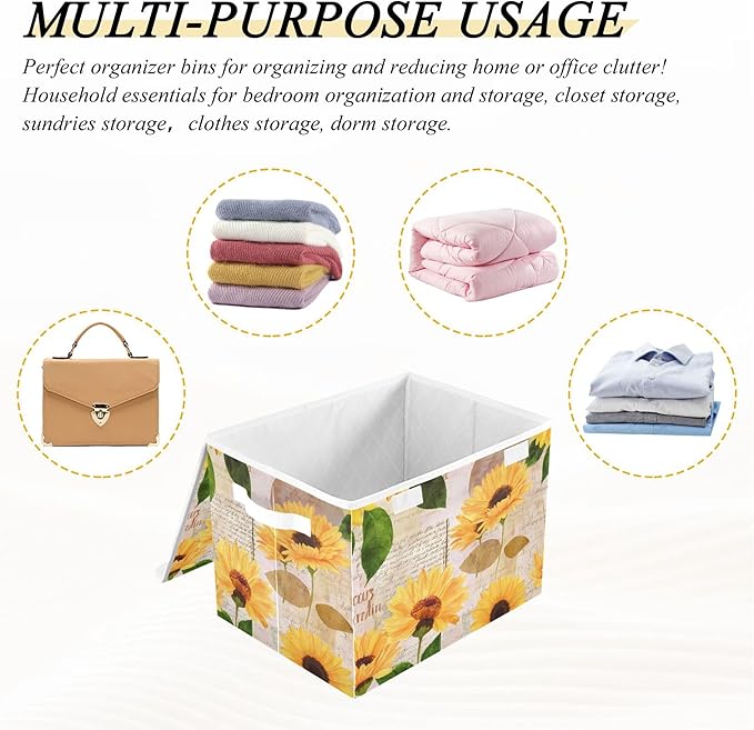 xigua Yellow Sunflower Storage Bins with Lids and Carrying Handle,Foldable Storage Boxes Organizer Containers Baskets Cube with Cover for Home Bedroom Closet Office - Image 7