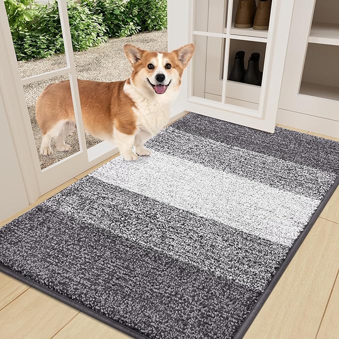Smiry Dog Door Mat for Muddy Paws, Absorbs Moisture and Dirt, Low-Profile Entryway Mat with Non-Slip Backing, Entry Indoor Outdoor Doormat for Inside Floor (36x24 Inches, Light Grey, Striped) by Smiry