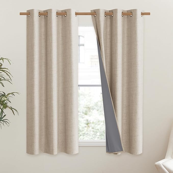 NICETOWN Cream Thick Linen Blend 100% Blackout Curtains 63" Long 2 Panels Set for Bedroom, 42" Wide, Rustic Grommet Thermal Insulated Flax Textured Full Blackout Window Draperies with Grey Liners - Image 2