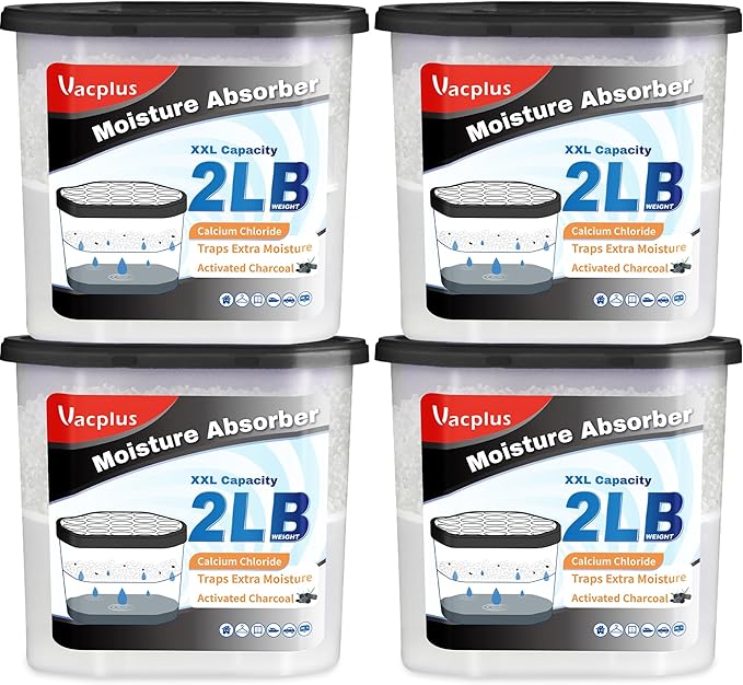 Vacplus Moisture Absorber Buckets – Large Capacity Dehumidifier and Humidity Absorber for Closet, Basement, Bathroom, RV, and Storage Areas, Activated Carbon, 2 lbs, 4 Pack by Vacplus