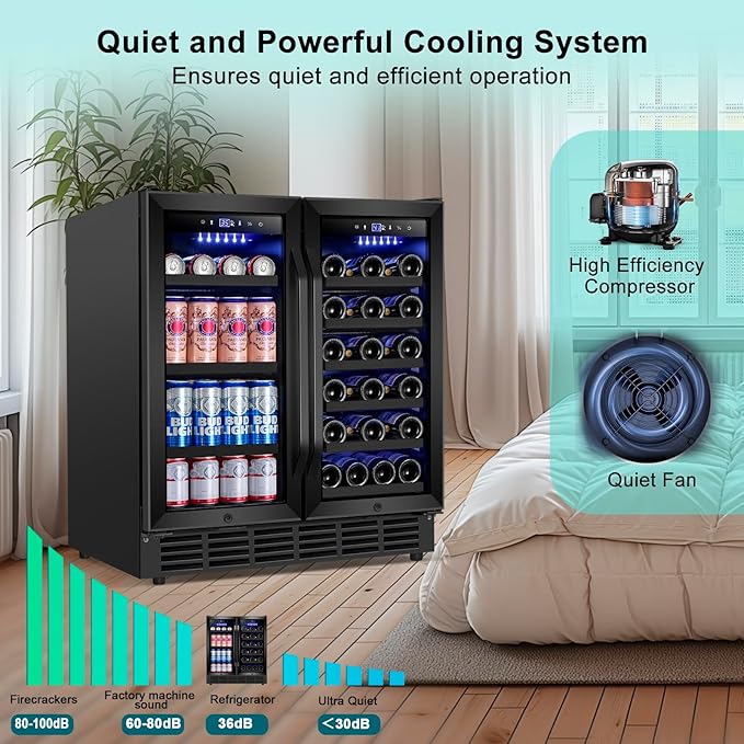 30 Inch Wine and Beverage Refrigerator, Upgrade Dual Zone Wine Cooler, 30'' Wine beverage Fridge Built in or Freestanding Under Counter Large Capacity Glass Door Advanced Cooling System,Black - Image 5