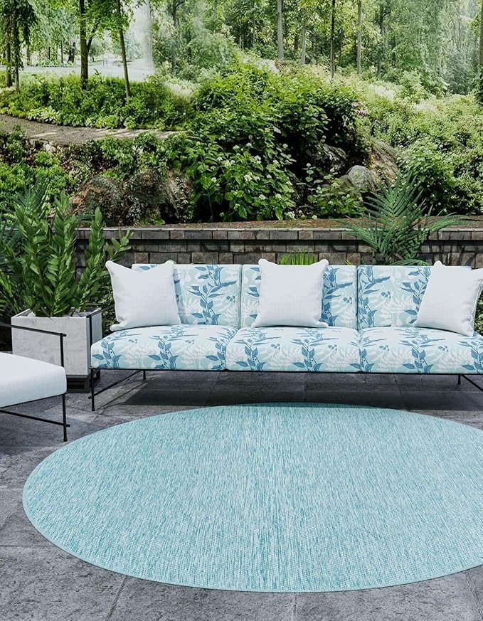 Unique Loom Collection Casual Transitional Solid Heathered Indoor/Outdoor Flatweave Area Rug (10' 8" Round, Aquamarine/Ivory) by UniqueLoom