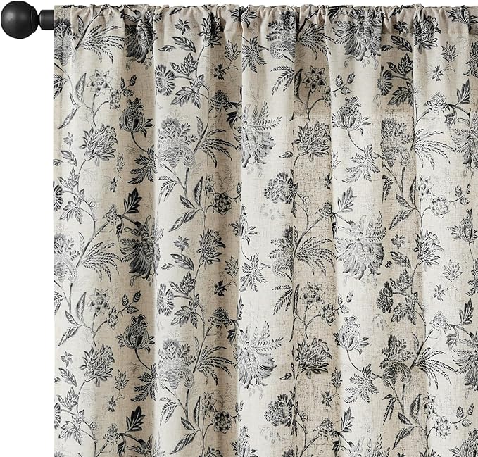 jinchan Linen Floral Curtains for Living Room with Printed Flower 63 Inches Long Light Filtering French Country Back Tab Rod Pocket Black Window Curtain Set Farmhouse Drapes 2 Panels Black - Image 9
