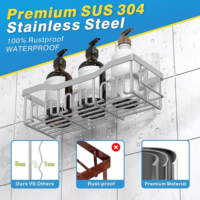 EUDELE 5-Pack Rustproof Stainless Steel Shower Caddy Set– No Drill Adhesive Bathroom Organizer, Space-Saving Shower Shelves for Apartment Essentials, Bathroom/Kitchen Storage Home Decor-L Size - Image 5