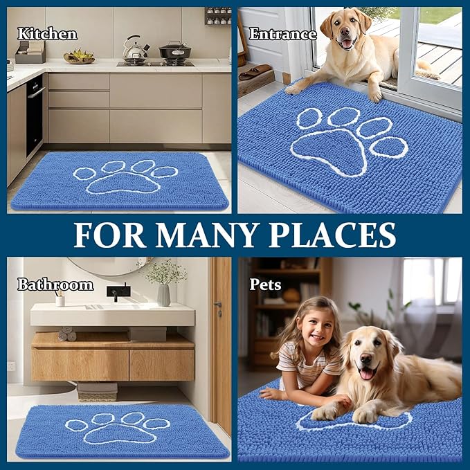 OLANLY Dog Door Mat for Muddy Paws 48x30, Paw Print Design, Absorbs Moisture and Dirt, Absorbent Non-Slip Washable Doormat, Quick Dry Chenille Mud Mat, Entry Indoor Entryway Carpet, Cornflower Blue - Image 8