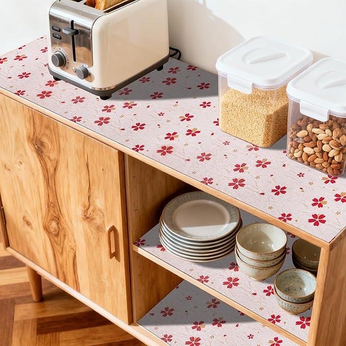 FIFTY FEET 12"x120" Non-Adhesive Shelf Liner for Kitchen Cabinets and Drawers, Washable Non-Slip PVC Cabinet Liner (Red Floral)(9 Roll) - Image 3