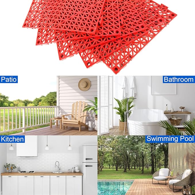 MYFAMIREA Modular Interlocking Cushion 12 Pack 11.8" x 11.8" Rubber Floor Tiles Non-Slip Splicing Drainage Mats for Deck, Pool, Outdoor Shower, Patio, Balcony, Indoor Bathroom, Kitchen, Yard (Red) - Image 7