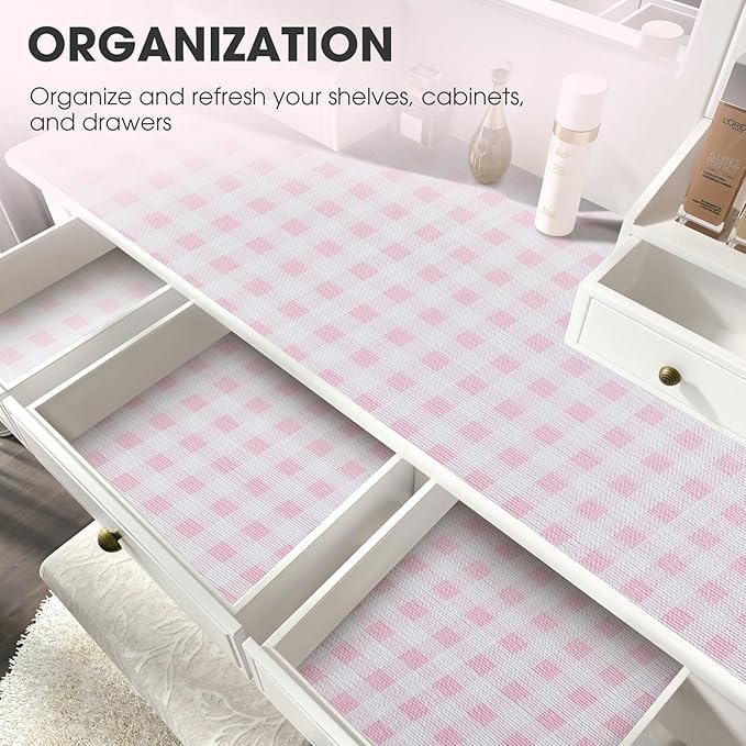 Drawer and Shelf Liner, Non-Slip Kitchen Cabinet Liners Non-Adhesive Thick Strong Grip Waterproof Washable Mats Protect Dresser Shelves Cupboard Bathroom Cabinets, Pink Plaid, 18 in X 20 FT - Image 6
