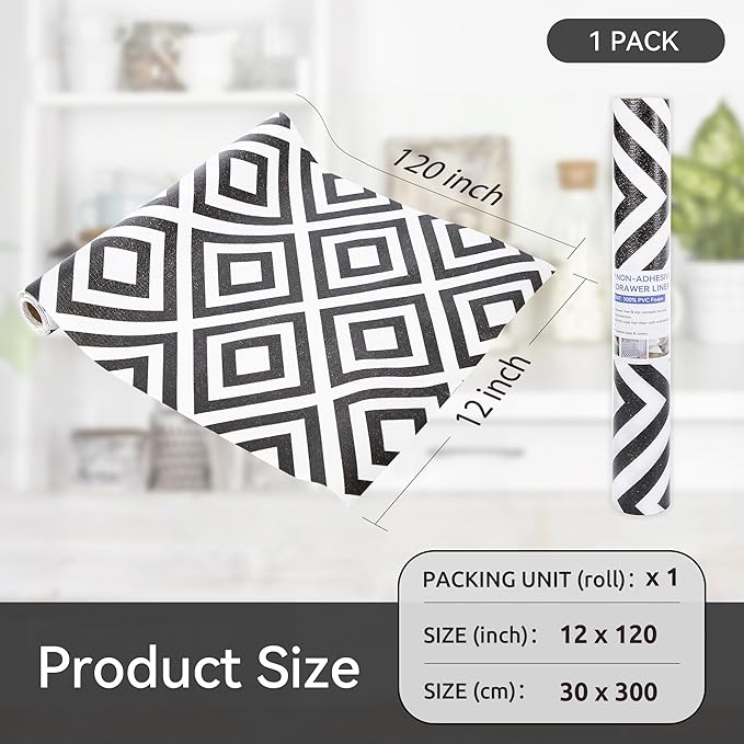 FIFTY FEET 12"x120" Non-Adhesive Shelf Liner for Kitchen Cabinets and Drawers, Washable Non-Slip PVC Cabinet Liner (Black Plaid)(1 Roll) - Image 5