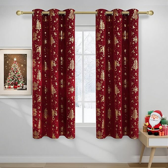 NICETOWN 2 Panels Christmas Red Grommets Curtains 42 x 63 Inch, Gold Stamping Xmas Theme Window Treatment Drapes for Holiday Party Home Decor, Decorative Blackout Curtain Set by NICETOWN