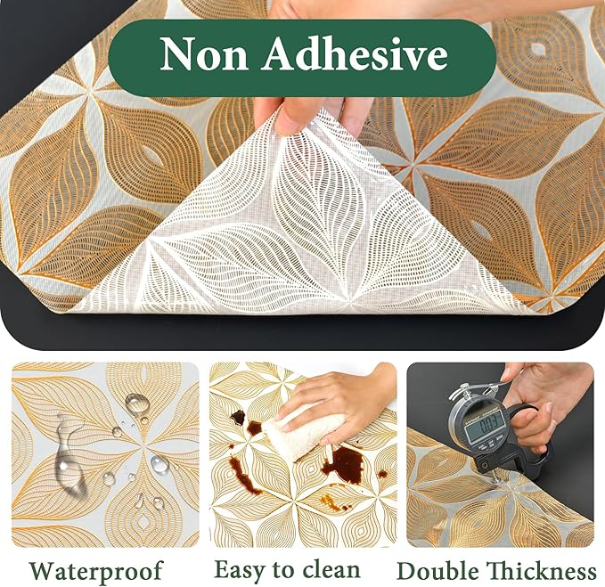 3D Drawer and Shelf Liner for Kitchen Cabinet: 17 in X 20 Ft Waterproof Shelf Paper Non Adhesive Refrigerator Liners Golden Leaf Easy Liners for Bathroom with Knife Tape Measure - Image 4