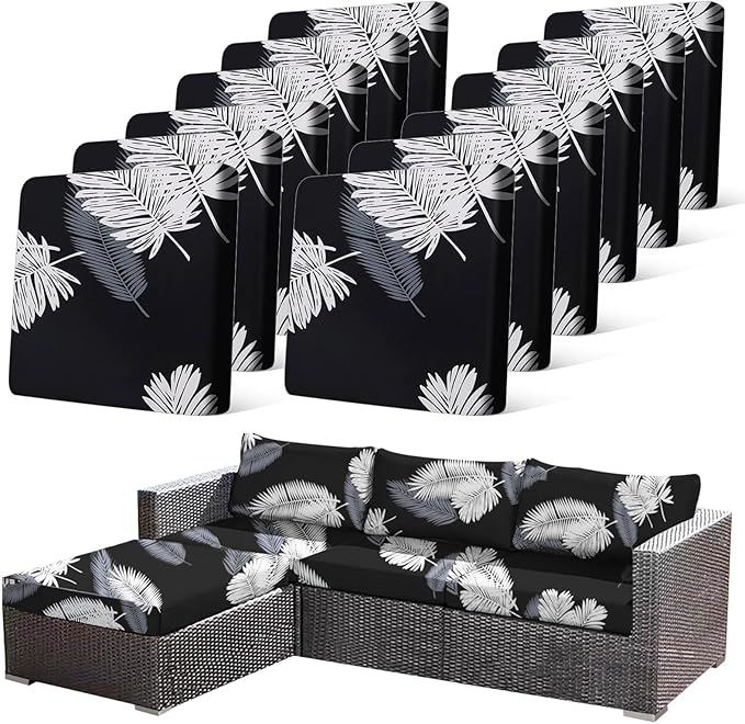 12Pcs Stretch Patio Cushion Covers Dustproof Outdoor Cushion Covers Washable Patio Couch Cover Slipcovers for Outdoor Furniture Protector Replacement(Black Palm Leaves, Cover Only) by CALBODE