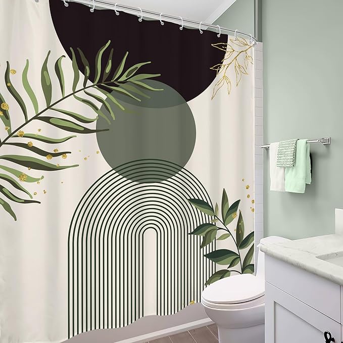 Dark Green Boho Shower Curtain 60Wx72H Black Green Modern Bohemian Mid Century Abstract Gold Leaves Plant Bathroom Decor Minimalist Geometric Neutral Bath Curtain Fabric Polyester 12 Pack Hooks - Image 4