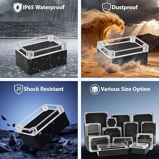 LeMotech Junction Box with Clear Cover IP65 Waterproof Project Box Dustproof ABS Plastic Electrical Project Boxes Universal Enclosure, Black 3.9"x 2.6"x 1.9"(100x68x50mm)(Pack of 2) - Image 6