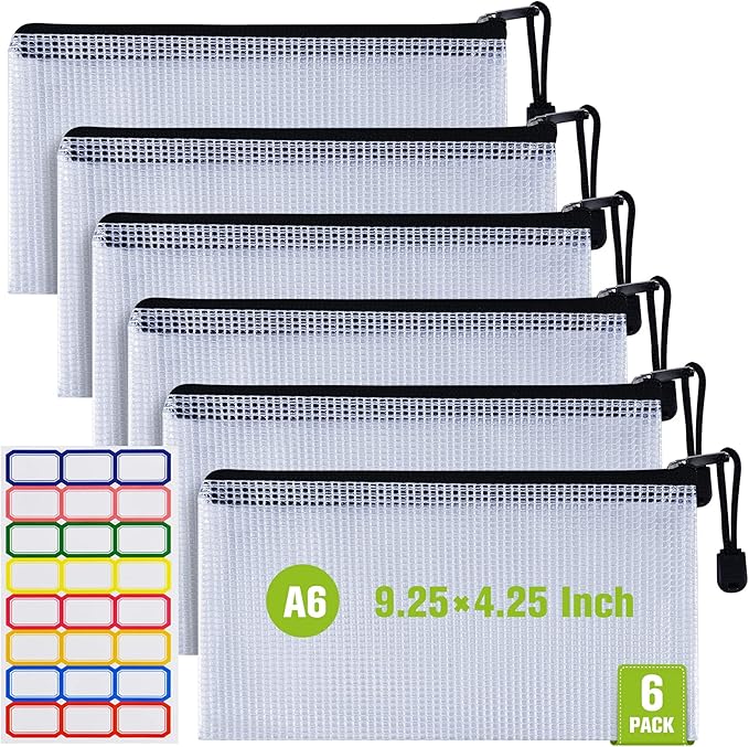 Plastic Mesh Zipper Pencil Pouches, 6PCS Waterproof Tear-Resistant Document File Folders, A6 Size Zipper Documents Pouch Document Organizer Bags for School Office Home Travel Storage(9.25×4.25Inch) by AstenInc