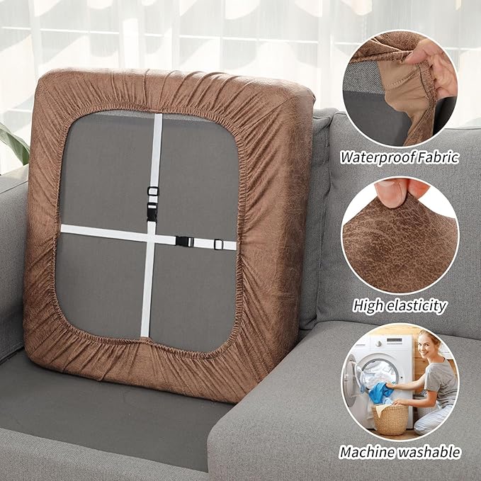 Fuloon Stretch Seat Cushion Covers, Suede Leather Look Sofa Slipcovers Couch Cushion Covers Removable Furniture Protector Large-Chair Cushion Slipcovers (Brown, 2 Pcs) - Image 5