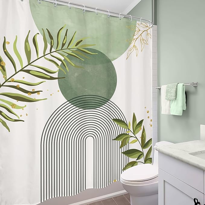 Sage Green Boho Shower Curtain 60Wx72H Modern Bohemian Abstract Leaves Olive Dark Green Mid Century Plant Bathroom Decor Minimalist Geometric Arch Bath Curtain Fabric Polyester 12 Pack Hooks - Image 4