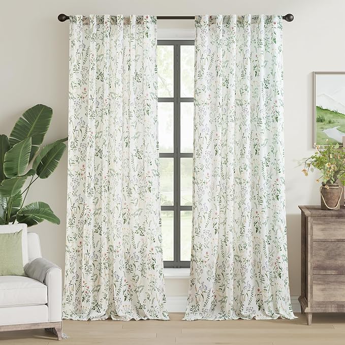 jinchan Floral Linen Blend Curtains for Living Room 96 Inch Length French Country Farmhouse Printed Curtains Sage Green on White Rod Pocket Back Tab Light Filtering Window Drapes 2 Panels by JINCHAN