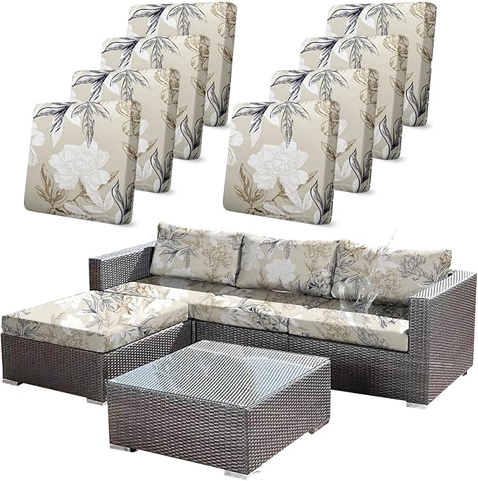 8Pcs Outdoor Stretch Cushion Covers,Waterproof Outdoor Chair Floral Cushion Covers for Patio Furniture, Washable Beige Couch Covers Replacement for Patio Furniture by CALBODE