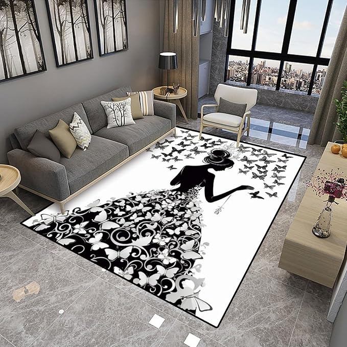Pile Carpet - Girl with Butterflies Printed Patterns Washable Area Rugs Fade Resistant, Flame Resistant, Quick Dry, Stain Resistant, Waterproof Floor Carpet for Living Room Bedroom, 78 x 96 Inch - Image 4