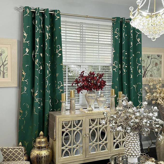BUHUA Gold Blackout Curtains 63 Inches Length for Livingroom, Thermal Curtain for Bedroom 2 Panels Set, Room Darkening Curtains with Wave Vine (52W×63L Emerald Green) - Image 2