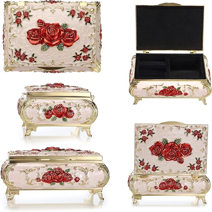 Hipiwe Metal Decorative Jewelry Box Vintage Treasure Chest Case Ornate Trinket Organizer Earrings Necklace Bracelet Storage Box Ring Holder Keepsake Box for Women - Image 7