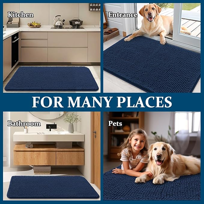 OLANLY Dog Door Mat for Muddy Paws 47x17, Absorbs Moisture and Dirt, Absorbent Non-Slip Washable Doormat, Quick Dry Chenille Mud Mat for Dogs, Entry Indoor Entryway Carpet for Inside Floor, Dark Blue - Image 8