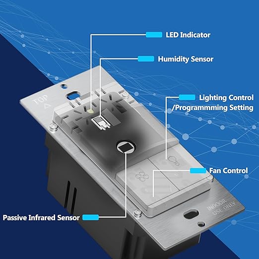 LIDER Humidity Sensor Switch and Motion Sensor Light Switch, PIR Sensor, Humidity Detection, Occupancy/Vacancy, No Neutral Required, ¼ HP, 1-Pole, UL Listed, White, Wall Plate Included - Image 5