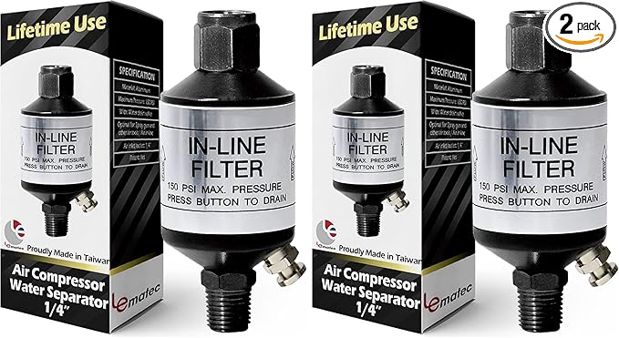 LE LEMATEC Air Compressor Water Separator - 1/4 NPT Inline Moisture Trap, Air Dryer for Pneumatic Tools, HVLP Spray Paint Gun & Airbrush with Easy Drain Valve, AI303 (Pack of 2) by LELEMATEC