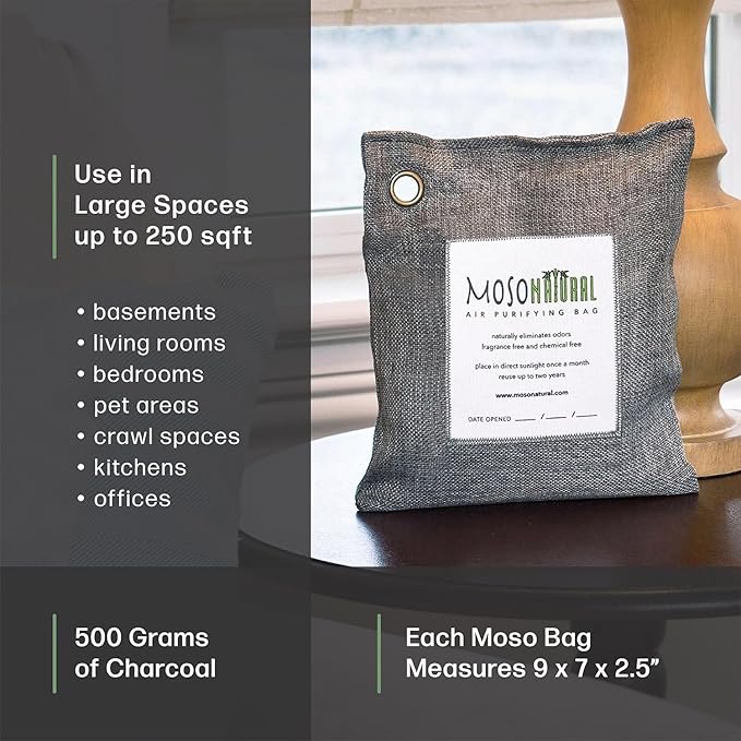 Moso Natural Air Purifying Bag 500g (3 Pack) Premium Bamboo Charcoal Odor Absorber for Home, Bedroom, Kitchen, Basement | Unscented Pet Odor Eliminator | Large Charcoal Deodorizer Bag Covers 250sqft - Image 4