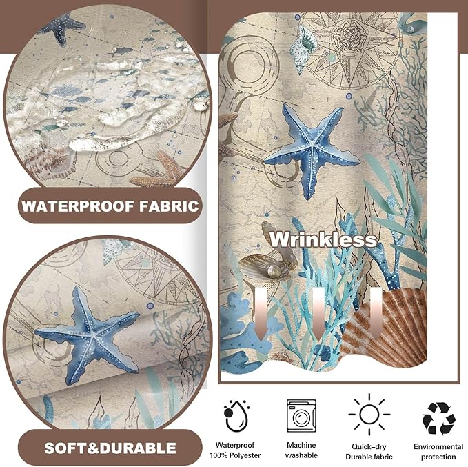 No Hook Shower Curtain with Snap in Liner, Beach Ocean Nautical Coastal Shower Curtains and Liner Set for Bathroom, Seashell Hotel Fabric Bath Curtain, Waterproof Washable, ‌Retro Brown 71" x 74" - Image 4