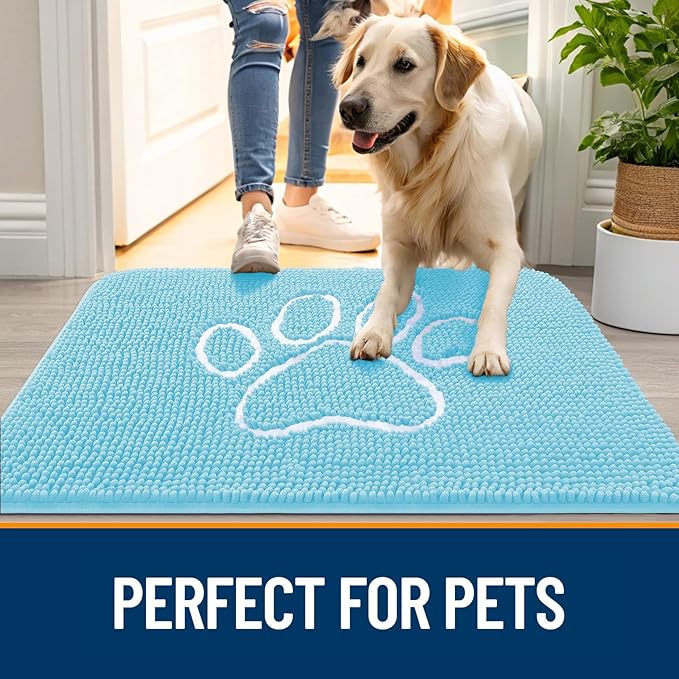 OLANLY Dog Door Mat for Muddy Paws 24x16, Paw Print Design, Absorbs Moisture and Dirt, Absorbent Non-Slip Washable Doormat, Quick Dry Chenille Mud Mat for Dogs, Entry Indoor Entryway Carpet, Blue - Image 6