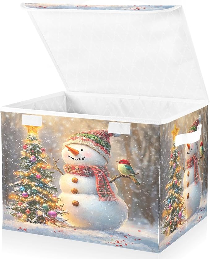 xigua Whimsical Snowman Storage Bins with Lids and Carrying Handle,Foldable Storage Boxes Organizer Containers Baskets Cube with Cover for Home Bedroom Closet Office Nursery - Image 2