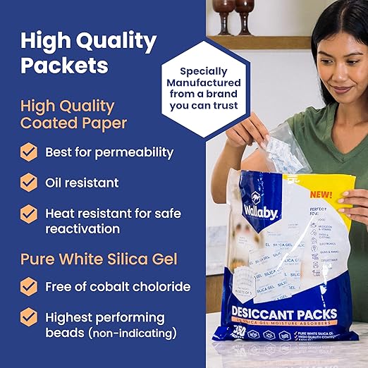 Wallaby 2 gram (500 Packets) Food Safe Pure White Silica Gel Desiccant Dehumidifier Packs - Rechargeable & Coated Moisture Absorbers - Protects Against Moisture Damage - (Packed in 100x Sets of 5) - Image 3