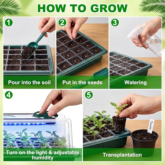 8 Pack Starter Tray with Light, 320 Cells Sprouting Kit Seedling Tray with Humidity Domes, Remote, Timer, Adjustable Light & Gloves, Starter for Indoor Greenhouse - Image 3