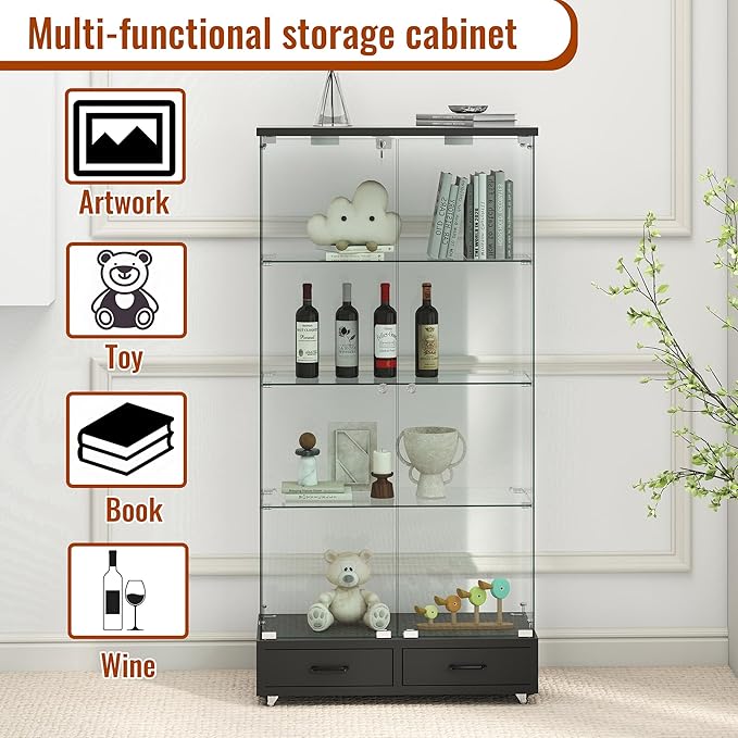Yoluckea 4 Tier Glass Display Cabinet with LED Lighting and 2 Drawers, 2 Doors Floor Standing Curio Cabinet with Wheel for Home, Office, Corner Display, Black Glass Bookshelf for Collections and Decor - Image 4