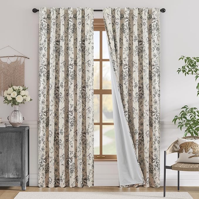 jinchan Blackout Linen Blend Curtain Floral Blackout Curtains for Living Room 84 Inch Length Black Printed with Lined Blackout Curtain for Bedroom Farmhouse Curtains Set 2 Panels by JINCHAN