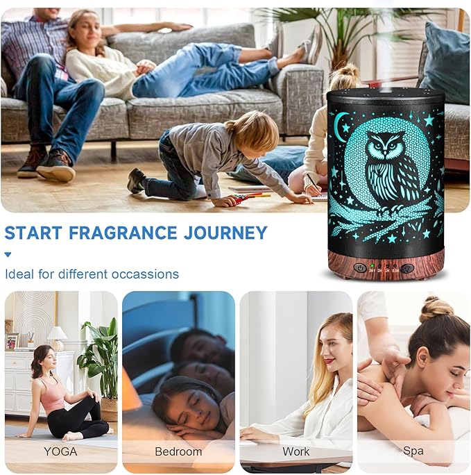 Essential Oil Diffuser 120ML Metal Aromatherapy Diffuser with Timer, Cool Mist Humidifier with Auto Shut-Off & 7 Color Lights for Home Office Spa (Owl) - Image 7
